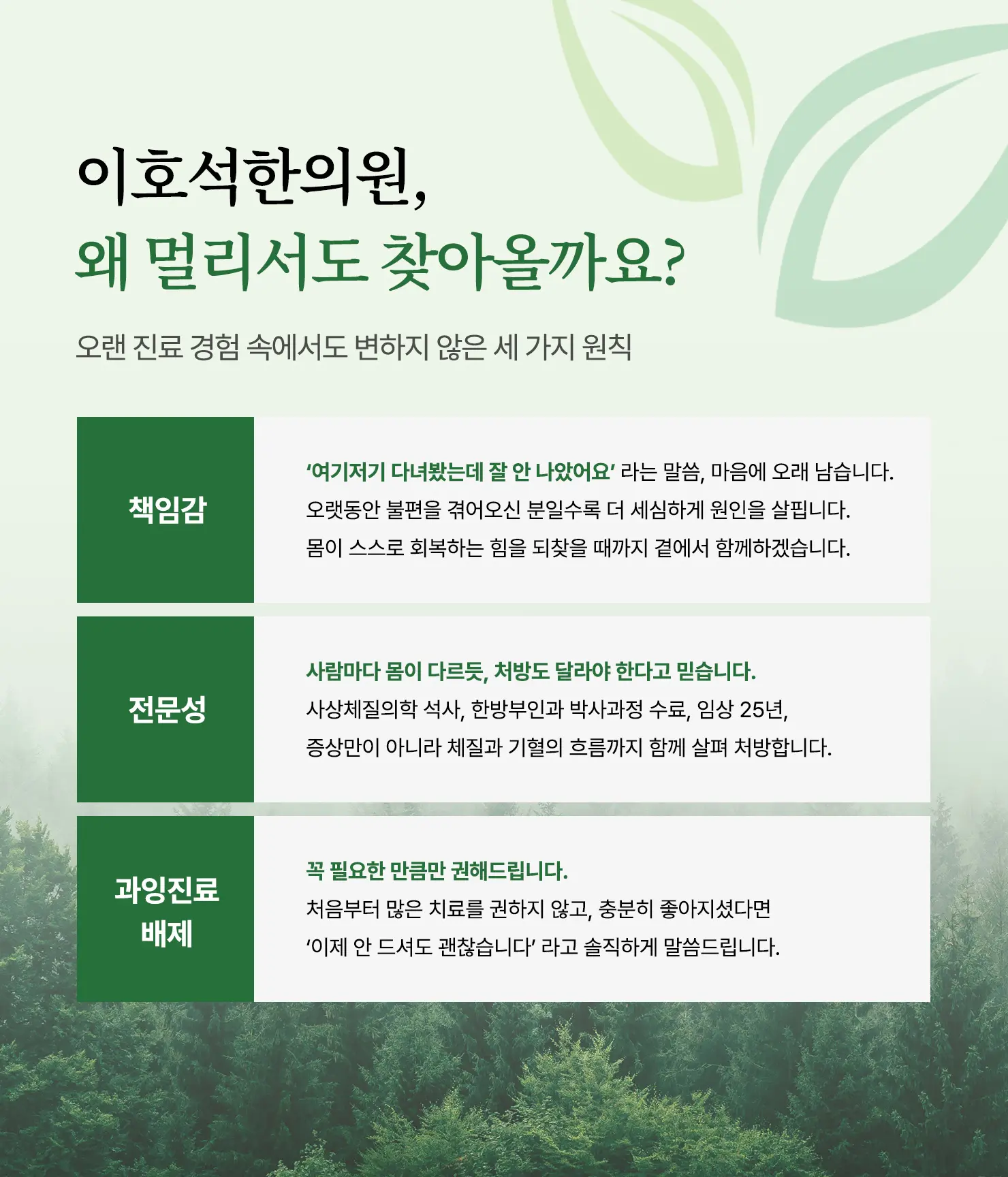 25년 동안, 이호석한의원이 지켜온 3가지 약속 — 책임감 · 전문성 · 과잉진료 배제